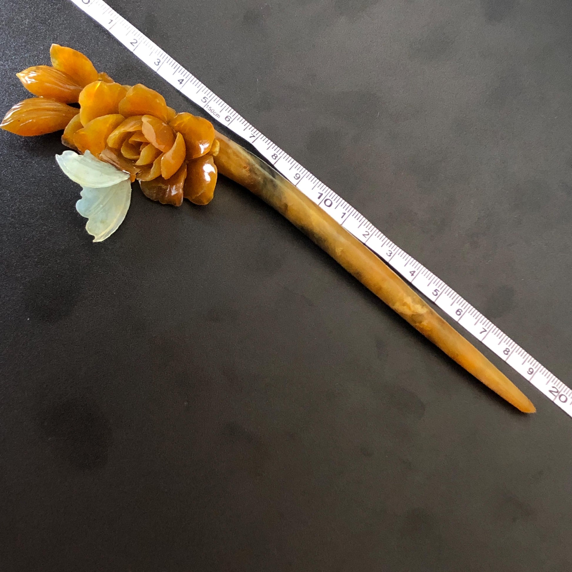 Certificate Natural Xiu Jade Serpentine Hand Carved Blue Butterfly & Brown Camellia Flower Hair Pin Jade Hair Stick Asian Chinese Style, hanfu hair fork, korean hairpins, japanese hair comb, antique hair pins, jade carving, blue jade, bridal hairpin