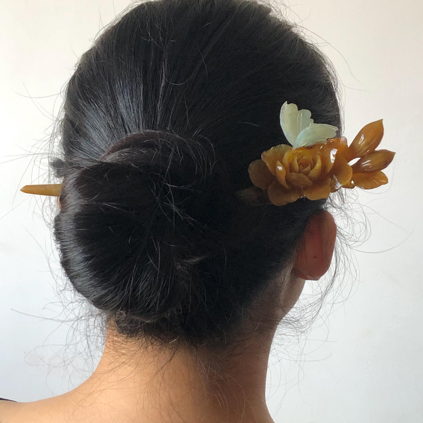 Certificate Natural Xiu Jade Serpentine Hand Carved Blue Butterfly & Brown Camellia Flower Hair Pin Jade Hair Stick Asian Chinese Style, hanfu hair fork, korean hairpins, japanese hair comb, antique hair pins, jade carving, blue jade, bridal hairpin