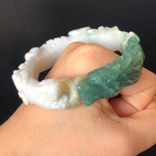 54.2mm Natural Xiu Jade Hand Carved Dragon Bangle | Serpentine Stone Gemstone Bracelet | Emerges from Sea to Sky | Greenish Blue Jade White Jade, jade carving, dragon carving, engraved jade bangle for women, gemstone bracelet crystal bangle gift