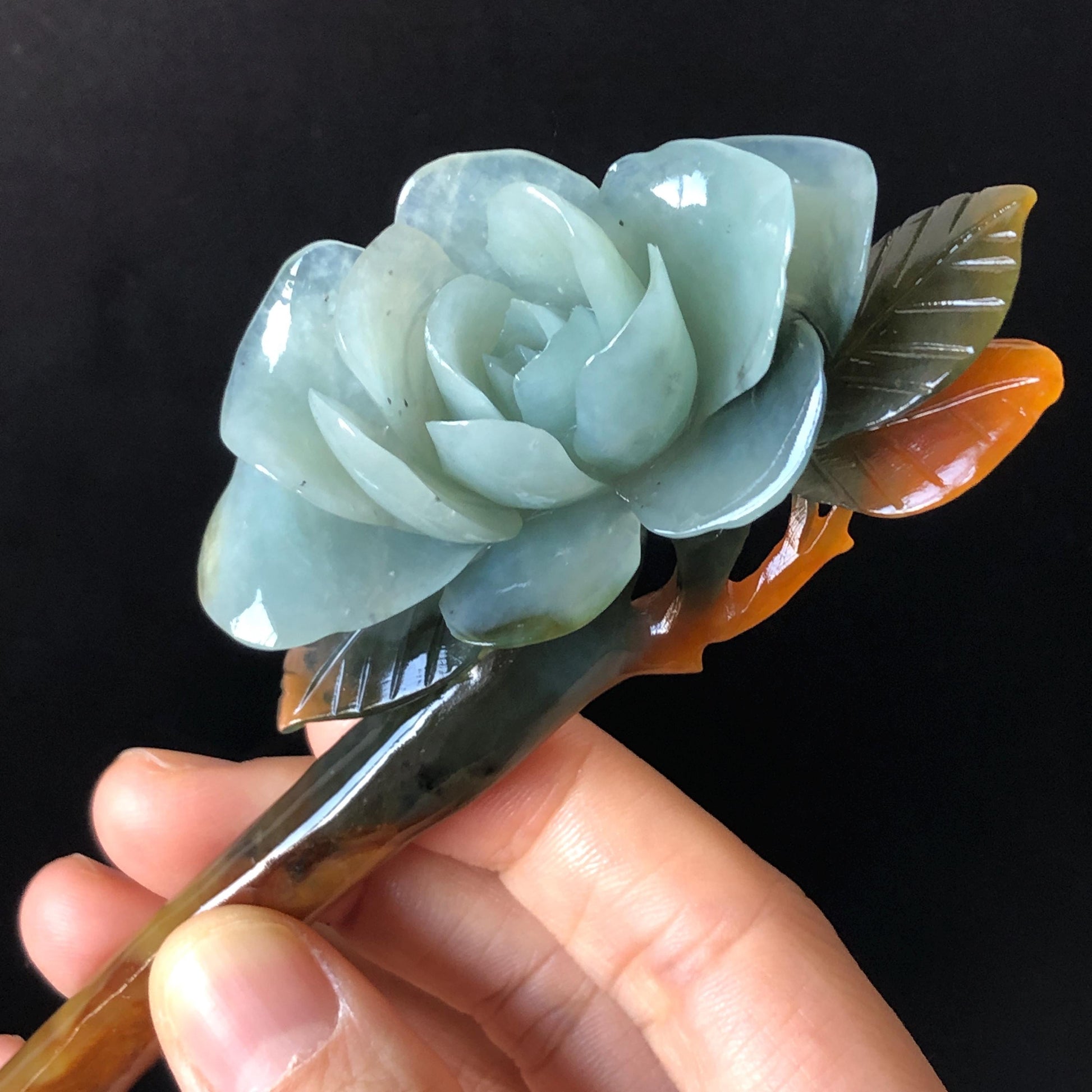 Certificate Natural Xiu Jade Serpentine Hand Carved Blue Camellia Flower Hair Pin | Multicoloured Jade Hair Stick | Asian Chinses Vintage