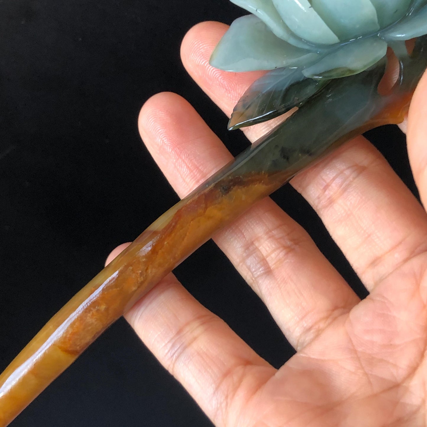 Certificate Natural Xiu Jade Serpentine Hand Carved Blue Camellia Flower Hair Pin | Multicoloured Jade Hair Stick | Asian Chinses Vintage