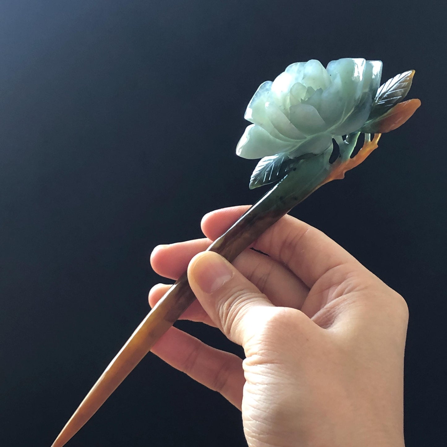 Certificate Natural Xiu Jade Serpentine Hand Carved Blue Camellia Flower Hair Pin | Multicoloured Jade Hair Stick | Asian Chinses Vintage