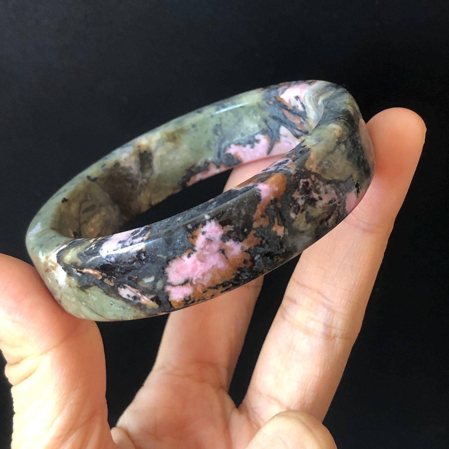 57mm Natural Rhodonite Bangle Bracelet | Pink, Deep Green with Black Ink | Cool & Wild | Healing Stone Crystal gemstone Bangle Gift for Her, women bangle, green stone bangle, baby pink bangle, punk bracelet, gothic bangle, untreated stone bangle