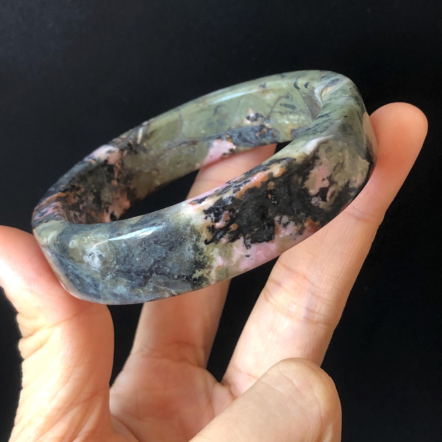 57mm Natural Rhodonite Bangle Bracelet | Pink, Deep Green with Black Ink | Cool & Wild | Healing Stone Crystal gemstone Bangle Gift for Her, women bangle, green stone bangle, baby pink bangle, punk bracelet, gothic bangle, untreated stone bangle