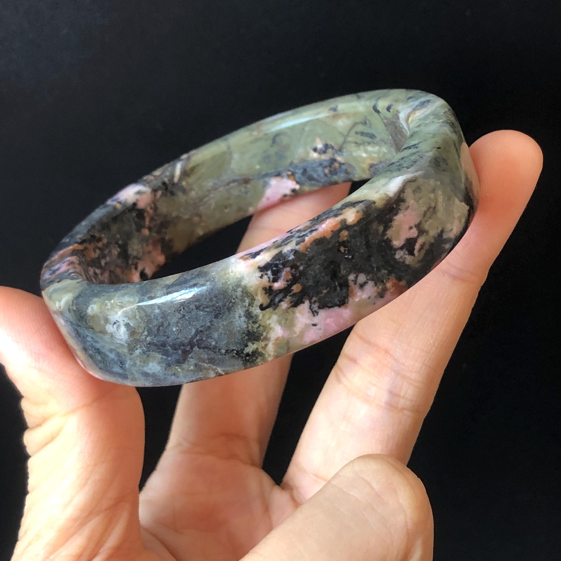 57mm Natural Rhodonite Bangle Bracelet | Pink, Deep Green with Black Ink | Cool & Wild | Healing Stone Crystal gemstone Bangle Gift for Her, women bangle, green stone bangle, baby pink bangle, punk bracelet, gothic bangle, untreated stone bangle