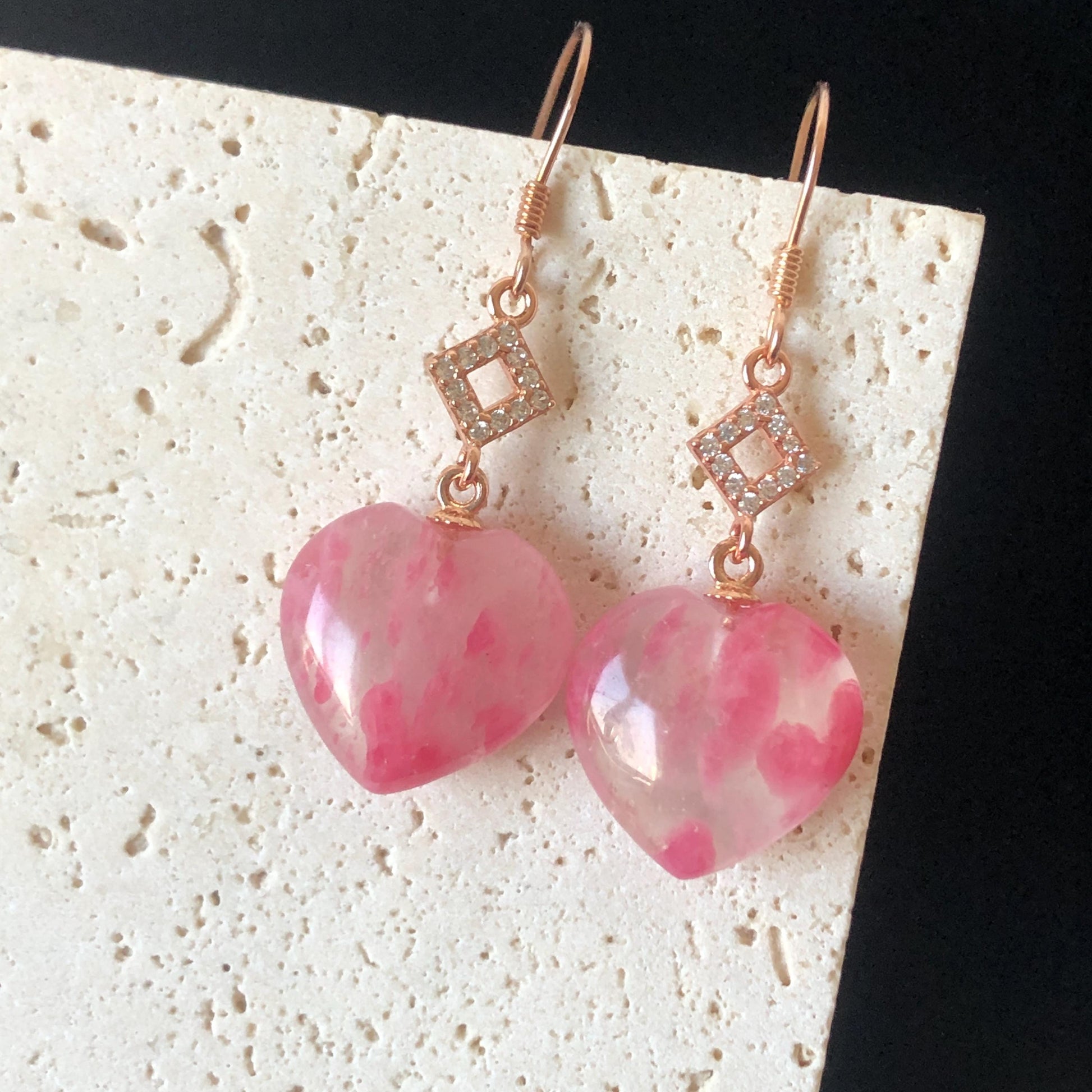 Ultra-rare AAA Rhodonite Sakura Rain Icy Heart-shaped Earrings from South Africa | Cherry Plum Blossom | Icy & Translucent Crystal gemstone