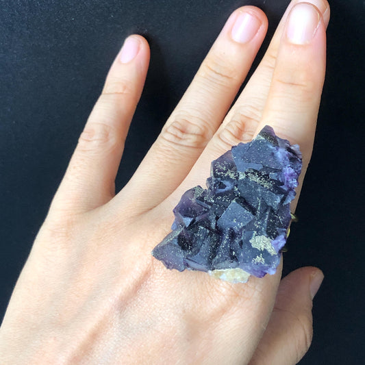 Raw Purple Fluorite with Gold Pyrite Ring Adjustable Statement Band Ring, Big Crystal Ring Large Statement Ring, Huge Irregular Ring Gift for him, Men Statement ring, bold modern ring, purple stone ring, birthstone ring for her, Big Cocktail Ring