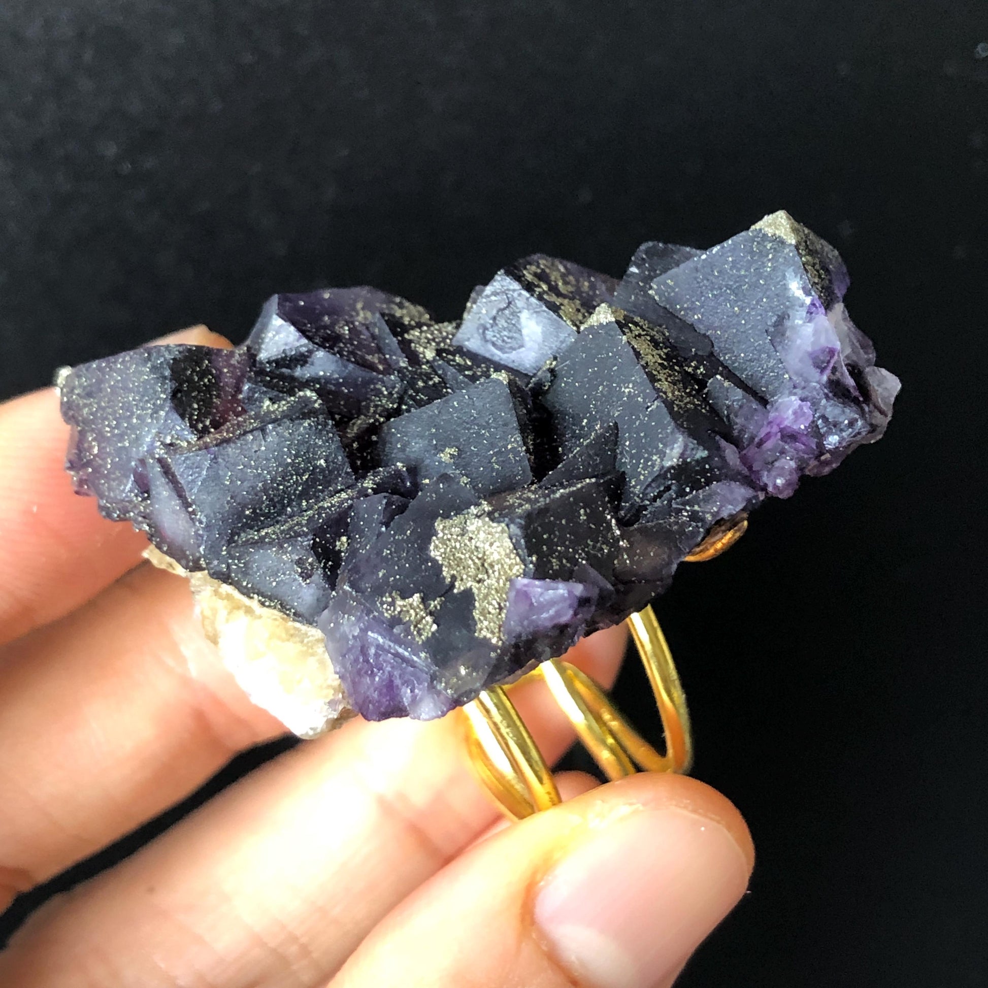 Raw Purple Fluorite with Gold Pyrite Ring Adjustable Statement Band Ring, Big Crystal Ring Large Statement Ring, Huge Irregular Ring Gift for him, Men Statement ring, bold modern ring, purple stone ring, birthstone ring for her, Big Cocktail Ring