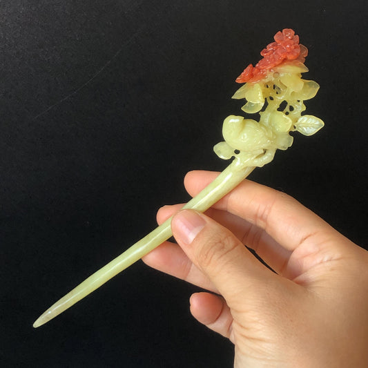 Certified Natural Xiu Jade (Serpentine) Hand Carved Bird & Red Flower Hair Pin | Jade Hair Stick | Asian Chinses Vintage Style Hair Comb gift for her, women hairpins, jade carving, bird carving, flower carving, gemstone crystal hair stick, red jade