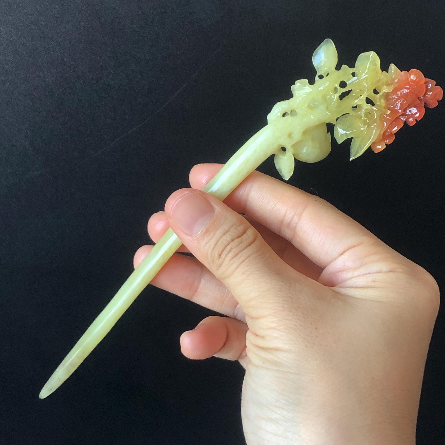 Certified Natural Xiu Jade (Serpentine) Hand Carved Bird & Red Flower Hair Pin | Jade Hair Stick | Asian Chinses Vintage Style Hair Comb gift for her, women hairpins, jade carving, bird carving, flower carving, gemstone crystal hair stick, red jade