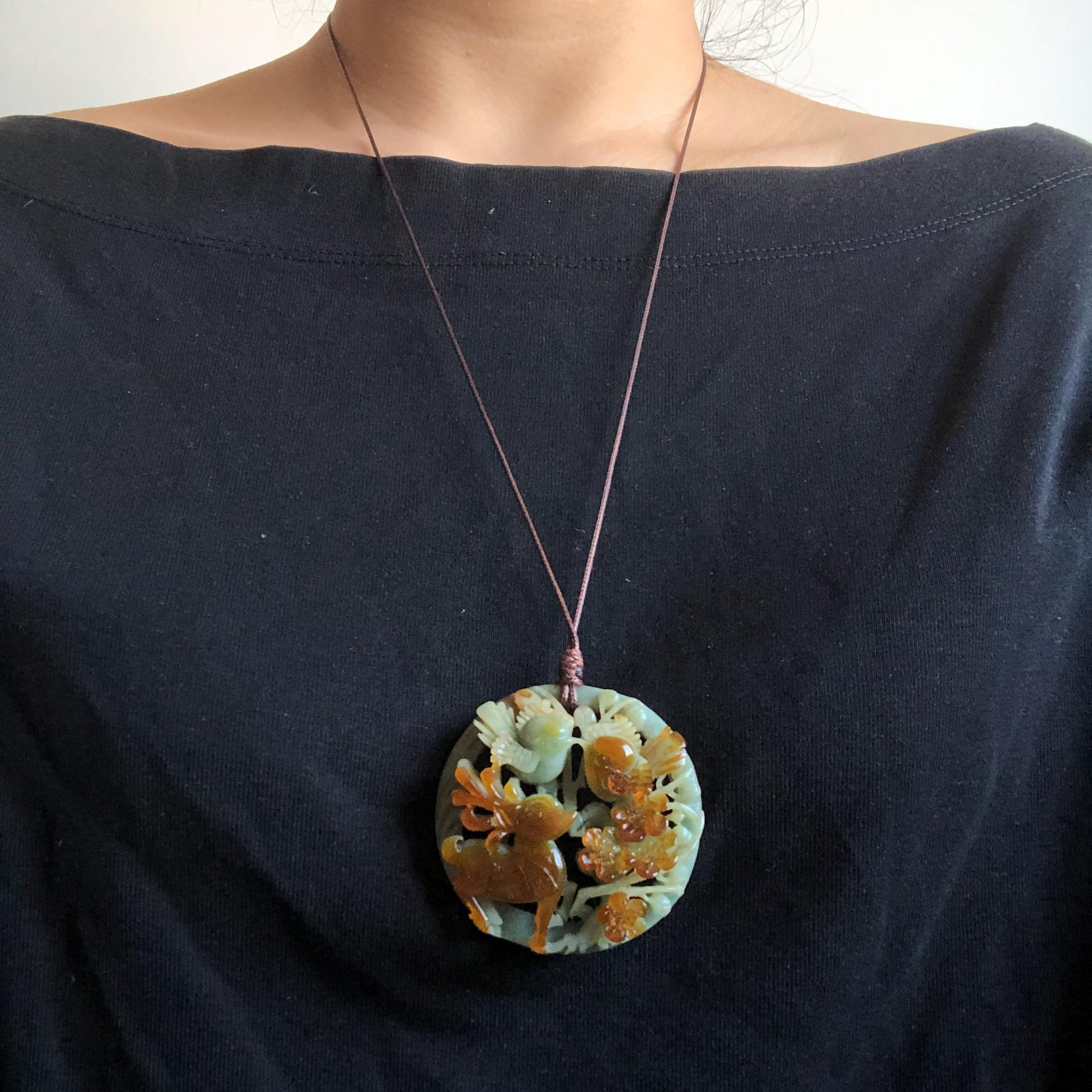 Certified Natural Xiu Jade Serpentine Hand Carved Magpie Birds, Deer and Flower Pendant Adjustable Necklace | Greenish Blue & Caramel Brown, jade carving, stone pendant adjustable necklace choker, multicoloured jade, green jade charm brown jade gift