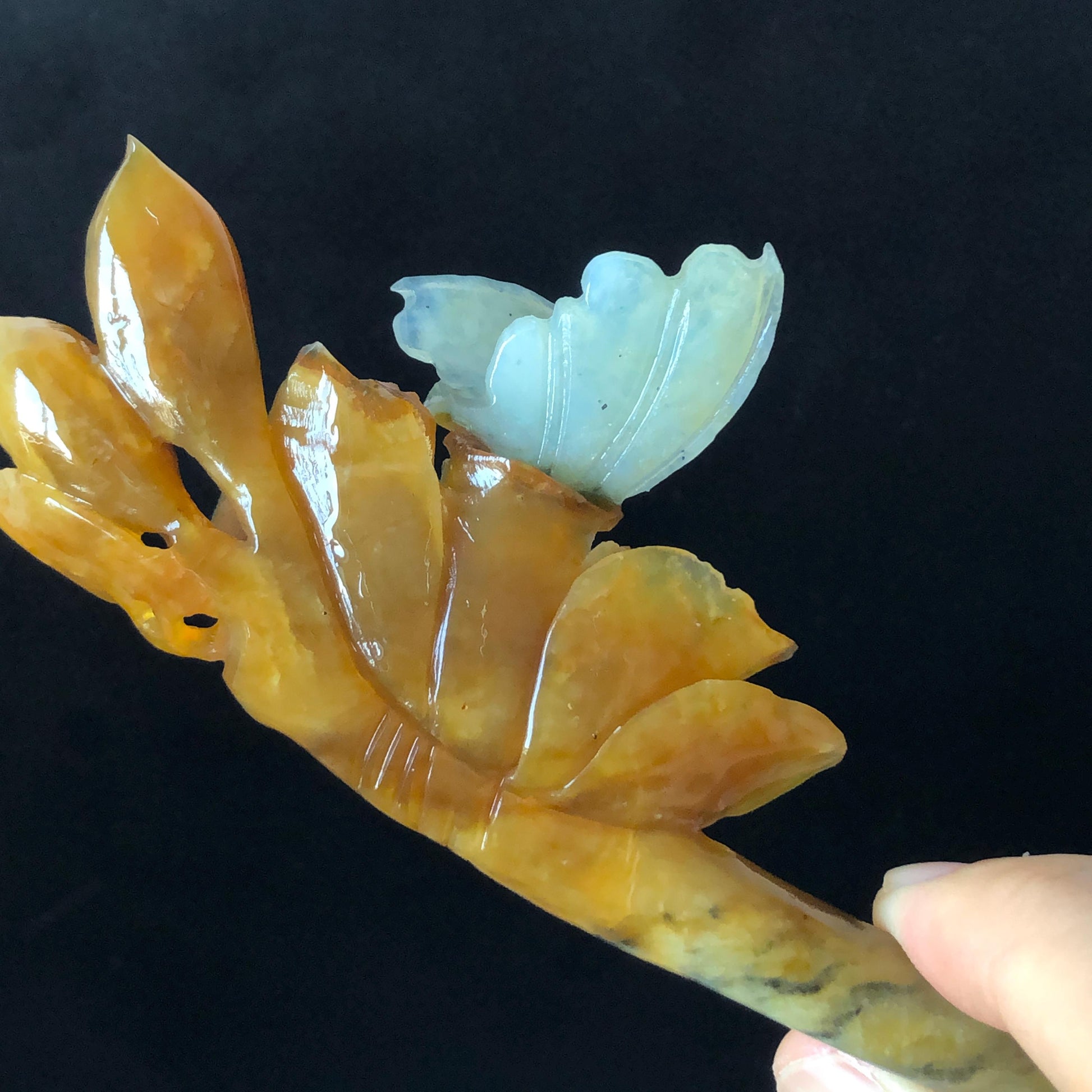 Certificate Natural Xiu Jade Serpentine Hand Carved Blue Butterfly & Brown Camellia Flower Hair Pin Jade Hair Stick Asian Chinese Style, hanfu hair fork, korean hairpins, japanese hair comb, antique hair pins, jade carving, blue jade, bridal hairpin