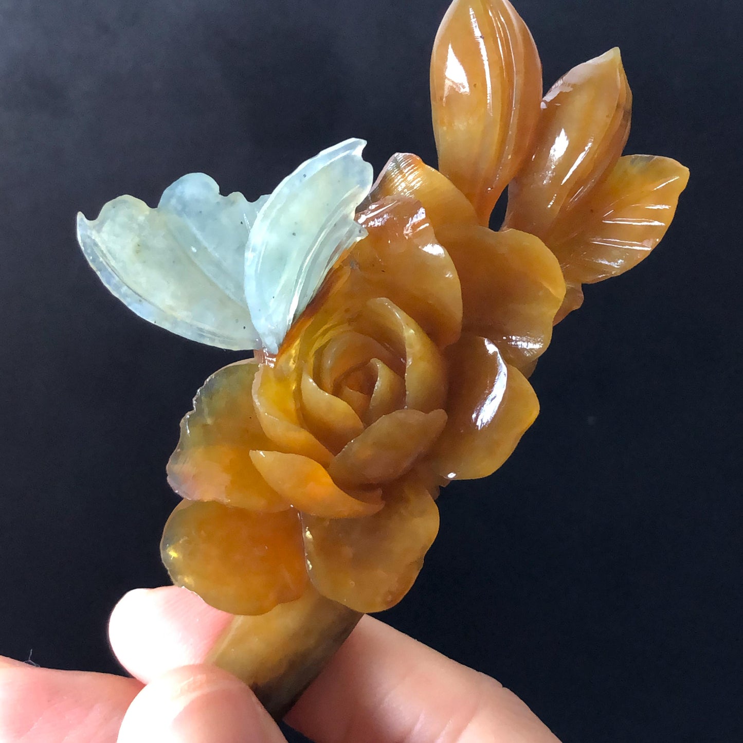 Certificate Natural Xiu Jade Serpentine Hand Carved Blue Butterfly & Brown Camellia Flower Hair Pin Jade Hair Stick Asian Chinese Style, hanfu hair fork, korean hairpins, japanese hair comb, antique hair pins, jade carving, blue jade, bridal hairpin