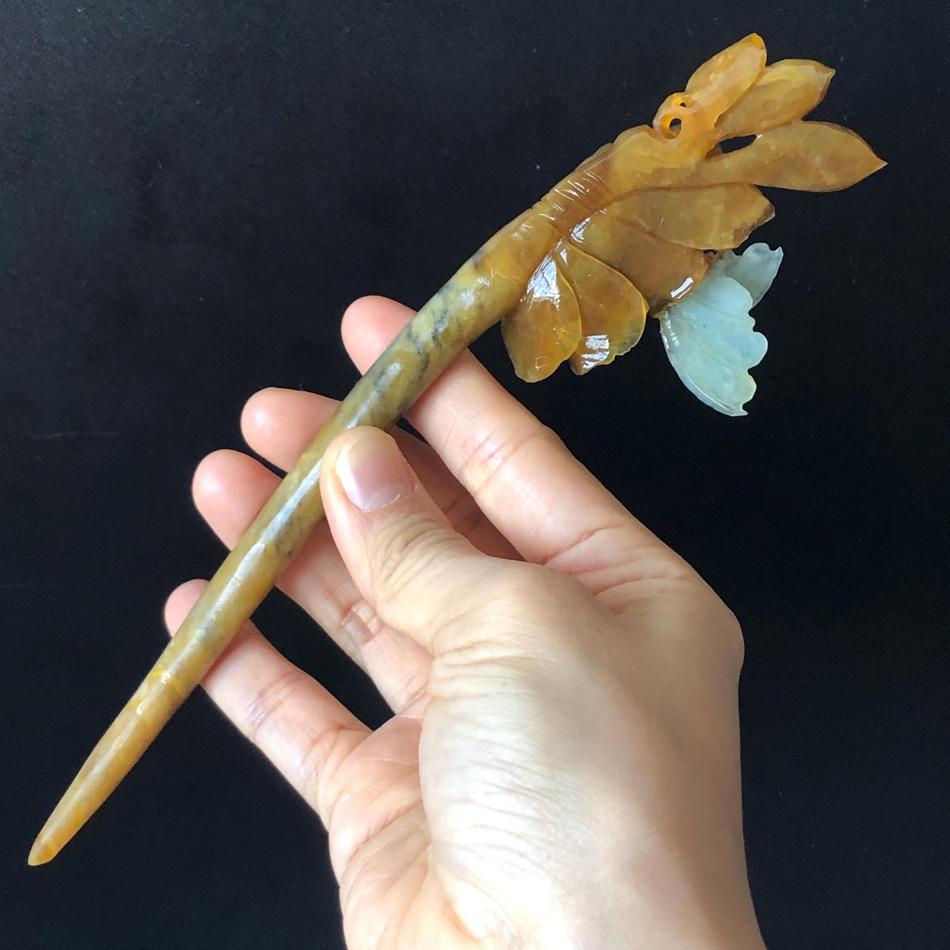 Certificate Natural Xiu Jade Serpentine Hand Carved Blue Butterfly & Brown Camellia Flower Hair Pin Jade Hair Stick Asian Chinese Style, hanfu hair fork, korean hairpins, japanese hair comb, antique hair pins, jade carving, blue jade, bridal hairpin