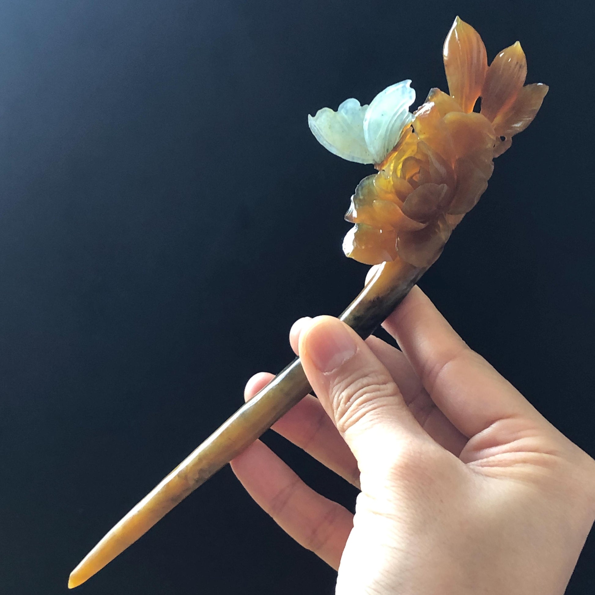 Certificate Natural Xiu Jade Serpentine Hand Carved Blue Butterfly & Brown Camellia Flower Hair Pin Jade Hair Stick Asian Chinese Style, hanfu hair fork, korean hairpins, japanese hair comb, antique hair pins, jade carving, blue jade, bridal hairpin