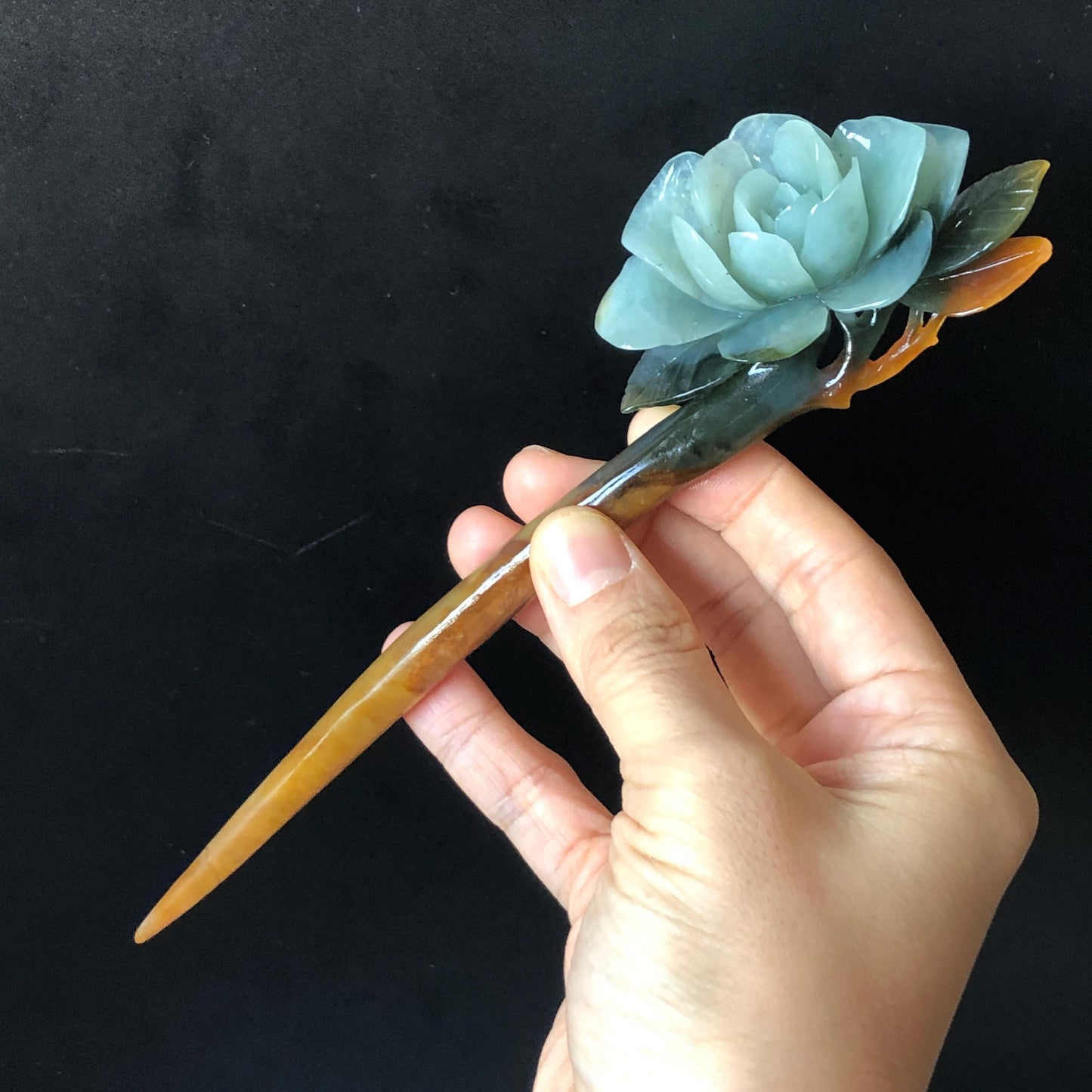 Certificate Natural Xiu Jade Serpentine Hand Carved Blue Camellia Flower Hair Pin | Multicoloured Jade Hair Stick | Asian Chinses Vintage