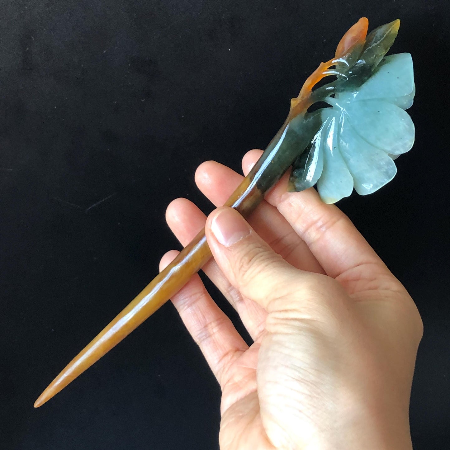 Certificate Natural Xiu Jade Serpentine Hand Carved Blue Camellia Flower Hair Pin | Multicoloured Jade Hair Stick | Asian Chinses Vintage