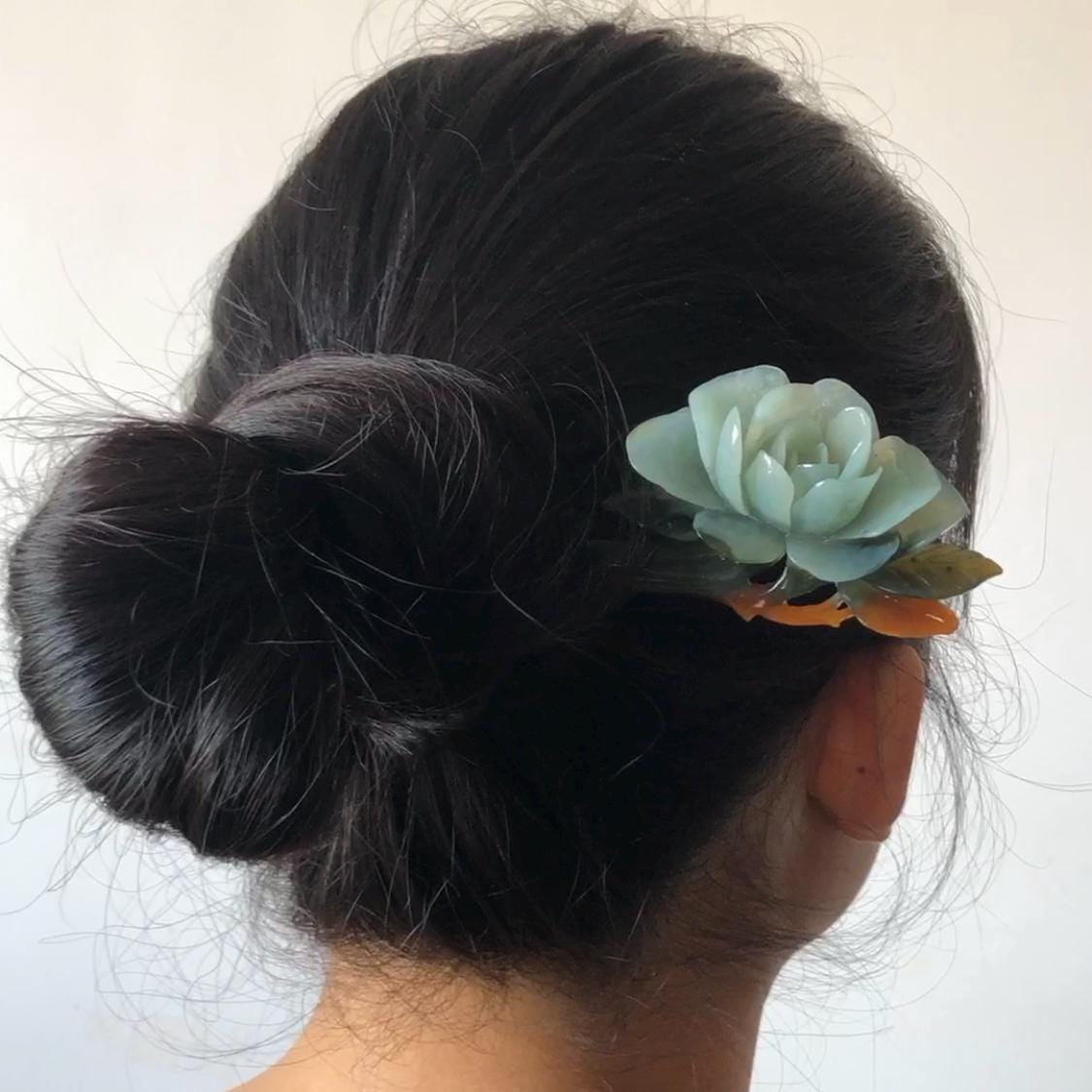 Certificate Natural Xiu Jade Serpentine Hand Carved Blue Camellia Flower Hair Pin | Multicoloured Jade Hair Stick | Asian Chinses Vintage