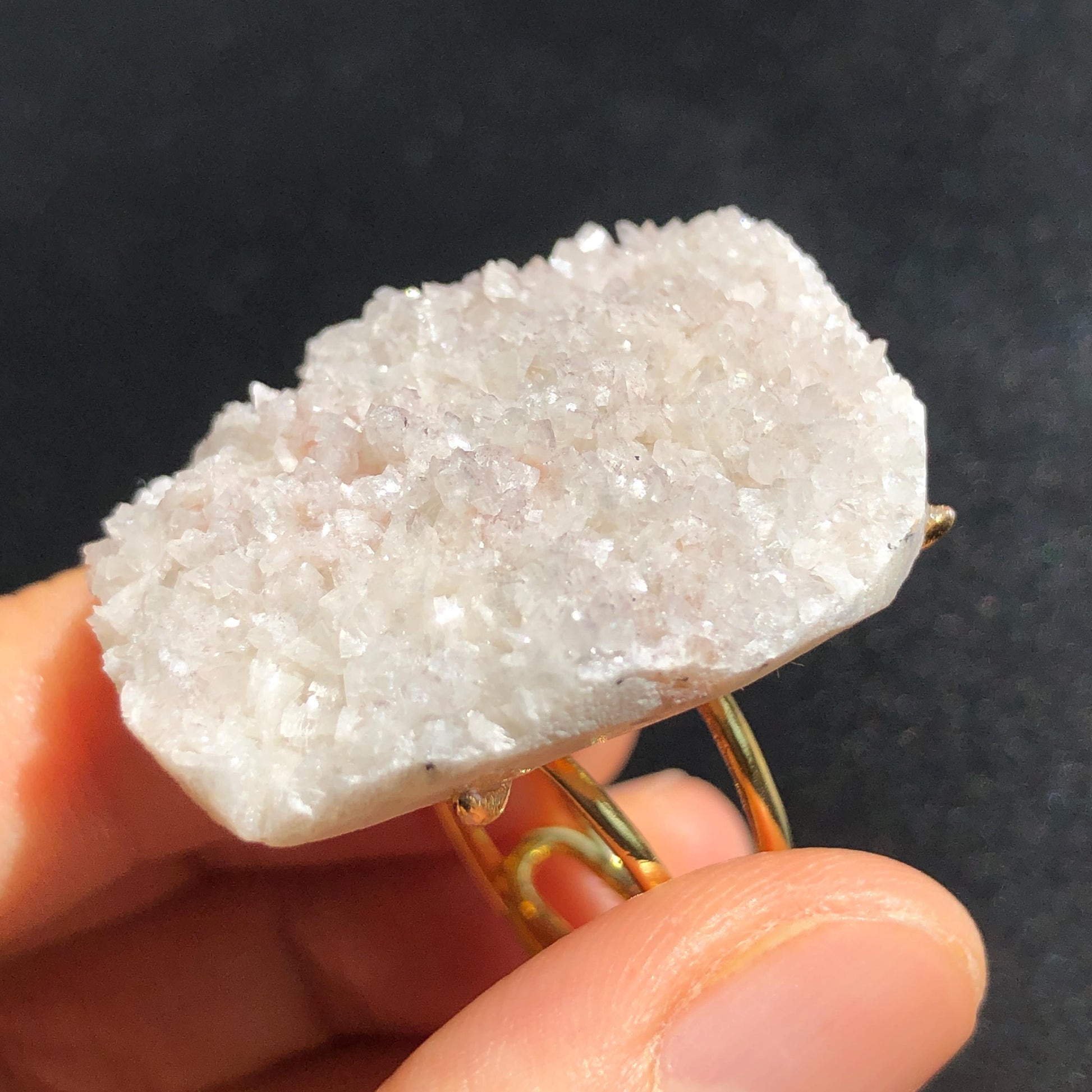 Raw Calcite with Pink Quartz Crystal Ring | Shredded Coconut Strawberry Candy | Big Stone Ring Large Crystal Ring Chunky Irregular Gemstone, healing stone communication crystal, pink crystal ring gold plated copper ring adjustable band ring statement ring for men gift for her women cocktail ring minerals specimen