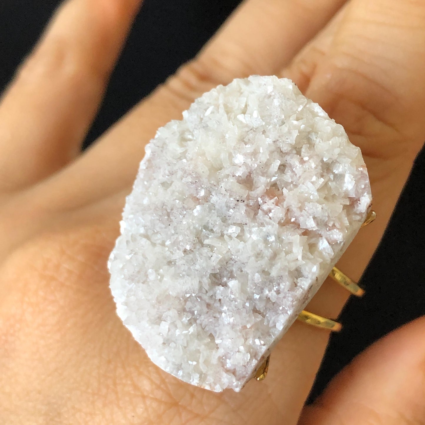 Raw Calcite with Pink Quartz Crystal Ring | Shredded Coconut Strawberry Candy | Big Stone Ring Large Crystal Ring Chunky Irregular Gemstone, healing stone communication crystal, pink crystal ring gold plated copper ring adjustable band ring statement ring for men gift for her women cocktail ring minerals specimen