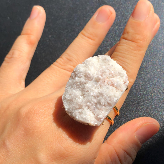 Raw Calcite with Pink Quartz Crystal Ring | Shredded Coconut Strawberry Candy | Big Stone Ring Large Crystal Ring Chunky Irregular Gemstone, healing stone communication crystal, pink crystal ring gold plated copper ring adjustable band ring statement ring for men gift for her women cocktail ring minerals specimen