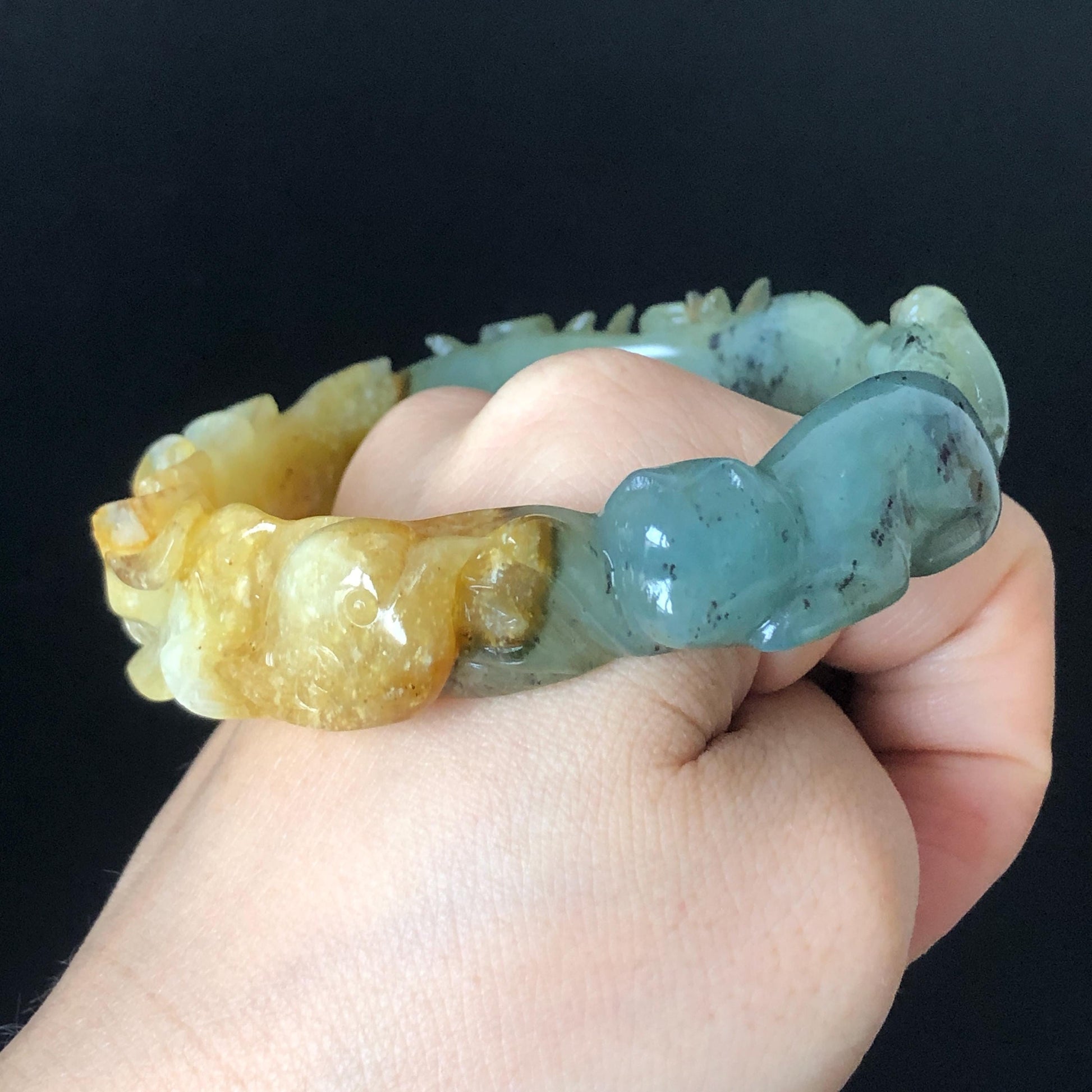 56.6mm Certificate Xiu Jade Serpentine Carved Blue Cat and Yellow Bird Peach Blossom Peony Flower Bangle Bracelet | Accept Customized order tailor-made bangle customized gift cat lover gift for her custom size bangle natural jade bracelet blue jade green jade yellow jade certified jade stone bangle gemstone bracelet crystal banglejade carving bird carving flower carving