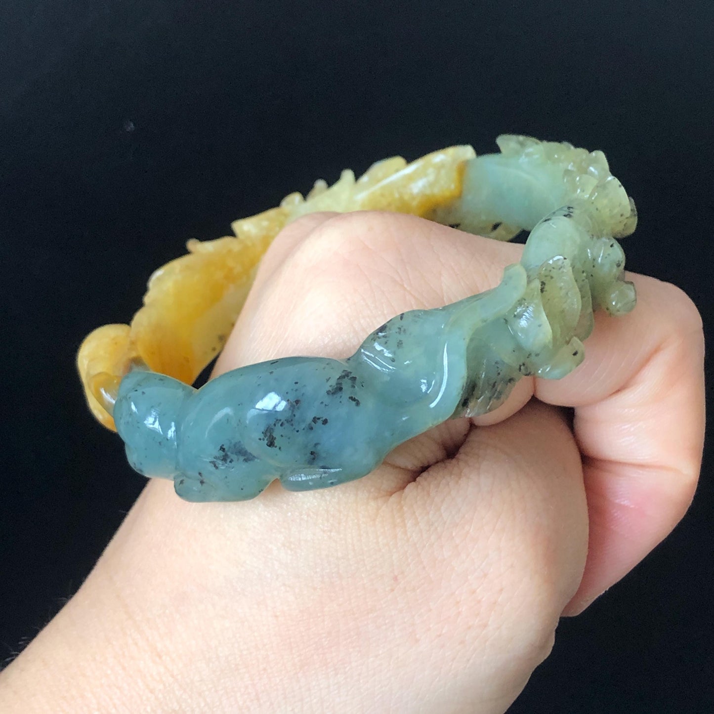 56.6mm Certificate Xiu Jade Serpentine Carved Blue Cat and Yellow Bird Peach Blossom Peony Flower Bangle Bracelet | Accept Customized order tailor-made bangle customized gift cat lover gift for her custom size bangle natural jade bracelet blue jade green jade yellow jade certified jade stone bangle gemstone bracelet crystal banglejade carving bird carving flower carving