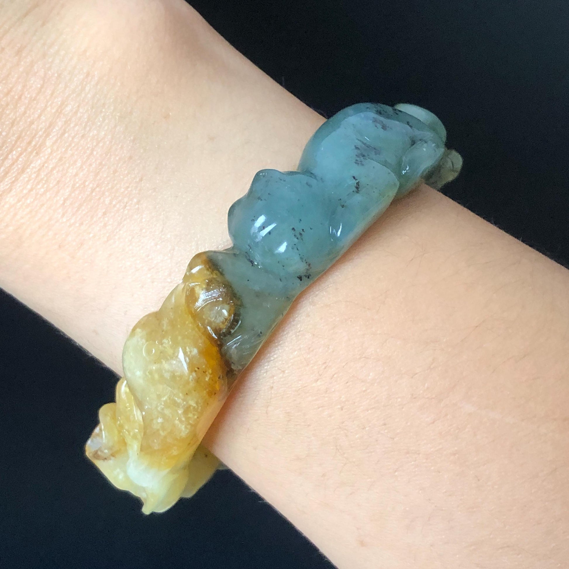 56.6mm Certificate Xiu Jade Serpentine Carved Blue Cat and Yellow Bird Peach Blossom Peony Flower Bangle Bracelet | Accept Customized order tailor-made bangle customized gift cat lover gift for her custom size bangle natural jade bracelet blue jade green jade yellow jade certified jade stone bangle gemstone bracelet crystal banglejade carving bird carving flower carving