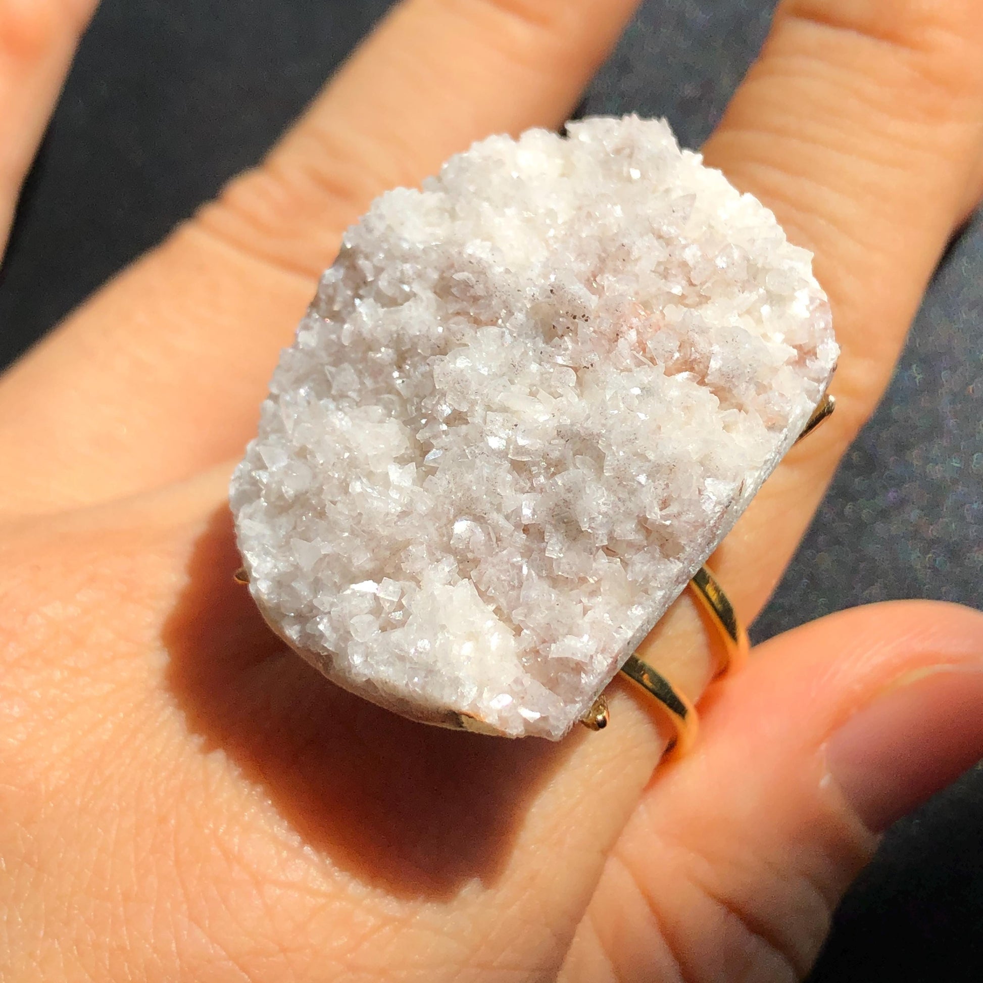 Raw Calcite with Pink Quartz Crystal Ring | Shredded Coconut Strawberry Candy | Big Stone Ring Large Crystal Ring Chunky Irregular Gemstone, healing stone communication crystal, pink crystal ring gold plated copper ring adjustable band ring statement ring for men gift for her women cocktail ring minerals specimen