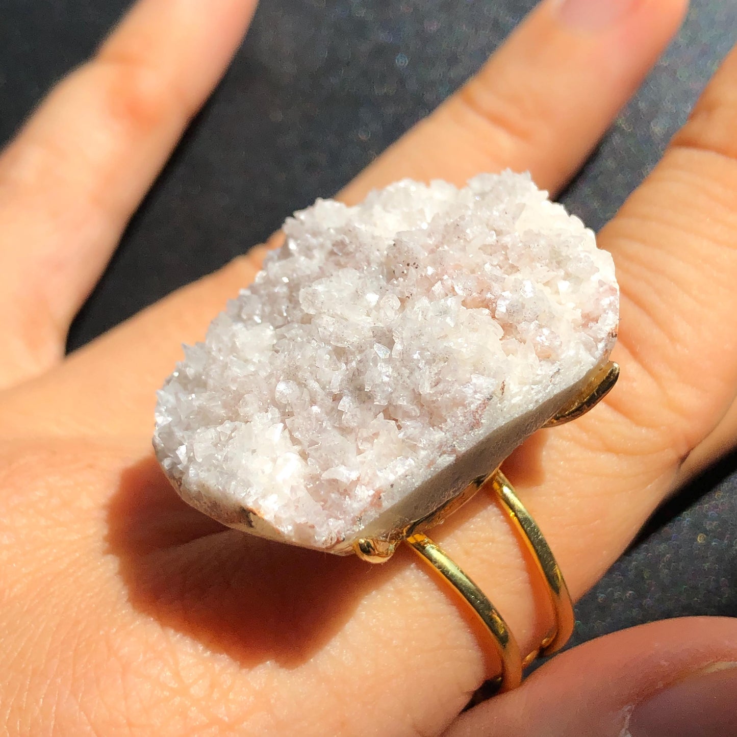 Raw Calcite with Pink Quartz Crystal Ring | Shredded Coconut Strawberry Candy | Big Stone Ring Large Crystal Ring Chunky Irregular Gemstone, healing stone communication crystal, pink crystal ring gold plated copper ring adjustable band ring statement ring for men gift for her women cocktail ring minerals specimen