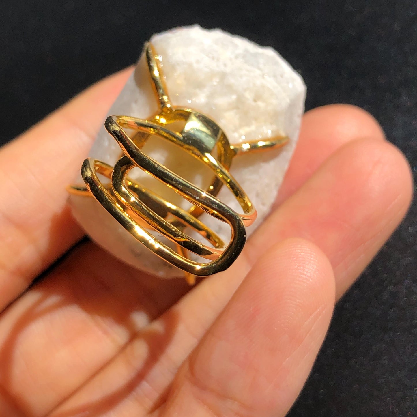 Raw Calcite with Pink Quartz Crystal Ring | Shredded Coconut Strawberry Candy | Big Stone Ring Large Crystal Ring Chunky Irregular Gemstone, healing stone communication crystal, pink crystal ring gold plated copper ring adjustable band ring statement ring for men gift for her women cocktail ring minerals specimen