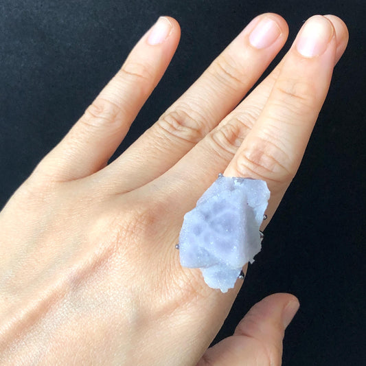 Raw Purple Fluorite Crystal Ring with Sparkling White Sugar-like Crystal Coating | Big Stone Statement Ring, Large Irregular Chucky Gemstone Gift for her Raw Mineral Ring Big Crystal Ring Huge Stone Ring Large Cocktail Ring for men silver-plated copper ring feburary birthstone adjustable band ring sparkle crystal ring for women