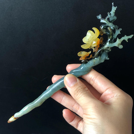 Certificate Xiu Jade Serpentine Hand Carved Plum Blossom Flower Hairpin | Caramel Green Jade Hair Stick | Asian Chinese Vintage Gift for her natural untreated jade carving green jade yellow jade orange jade hair clip japanese hair pin korean hair stick chinese hair fork antique hair comb wedding hairpin bridal shower gift engagement hair jewelry mother day gift carved flower jade flower carving multi colour jade
