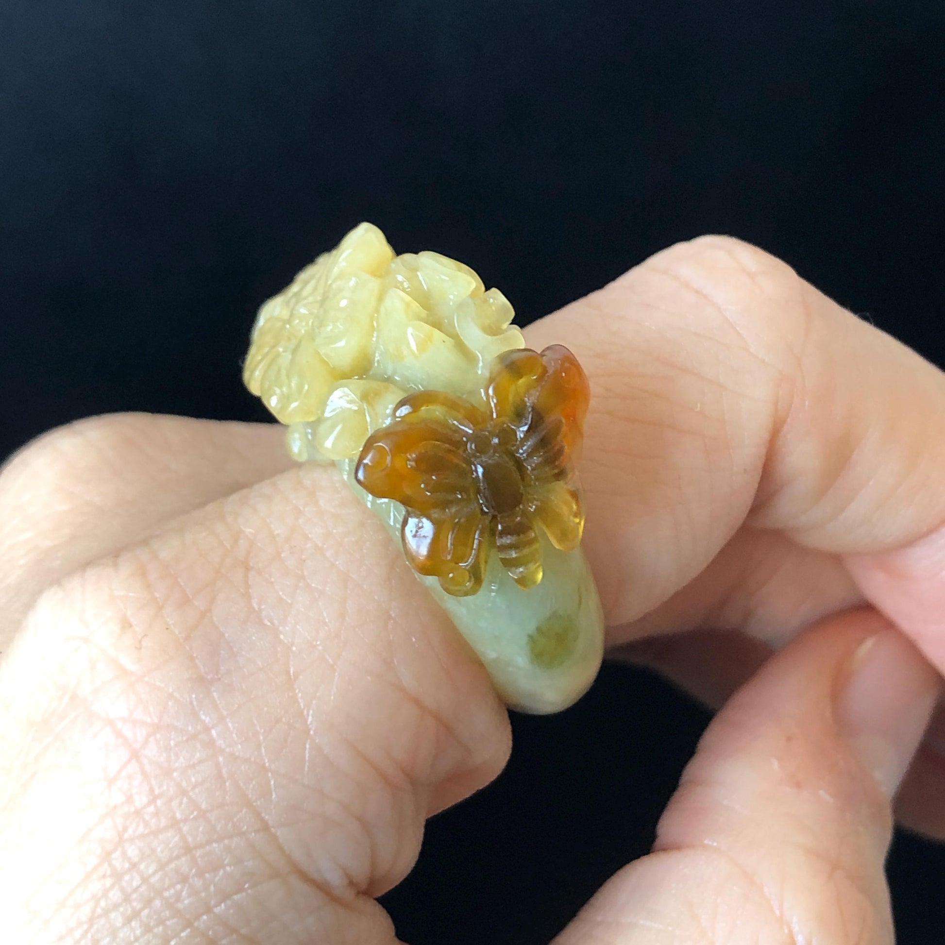 Natural Xiu Jade (Serpentine) Hand Craved Flower with Butterfly Ring | 17.1mm (US 7) | Yellow, Caramel & Greenish Blue | Crystal Gemstone ring hand engraved jade ring green jade yellow jade caramel jade multi colour jade carving flower carving butterfly carving statement ring for women carved flower ring untreated natural jade