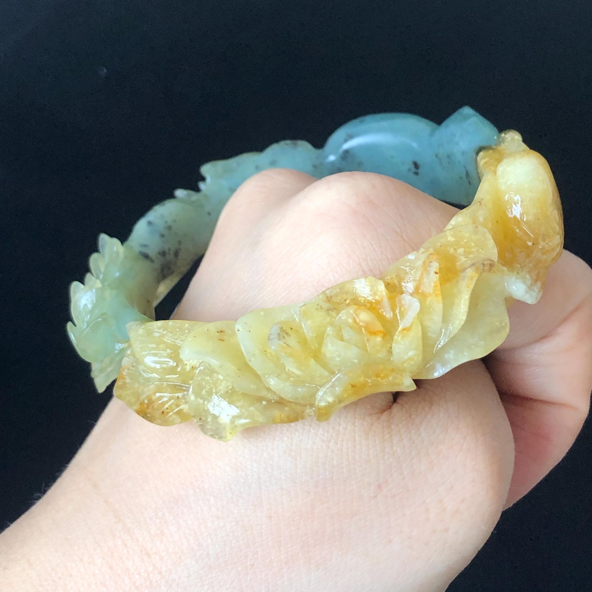 56.6mm Certificate Xiu Jade Serpentine Carved Blue Cat and Yellow Bird Peach Blossom Peony Flower Bangle Bracelet | Accept Customized order tailor-made bangle customized gift cat lover gift for her custom size bangle natural jade bracelet blue jade green jade yellow jade certified jade stone bangle gemstone bracelet crystal banglejade carving bird carving flower carving