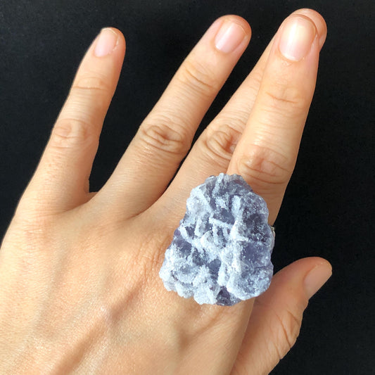 Raw Purple Fluorite Ring with Sparkle White Sugar-like Crystal Coating, Adjustable Statement Band Ring, Irregular Chucky Big Stone Ring Gift for her Large Crystal ring Big Stone Ring Hugh Statement Ring Irregular stone ring chucky ring for her raw minerals ring purple crystal ring large cocktail ring