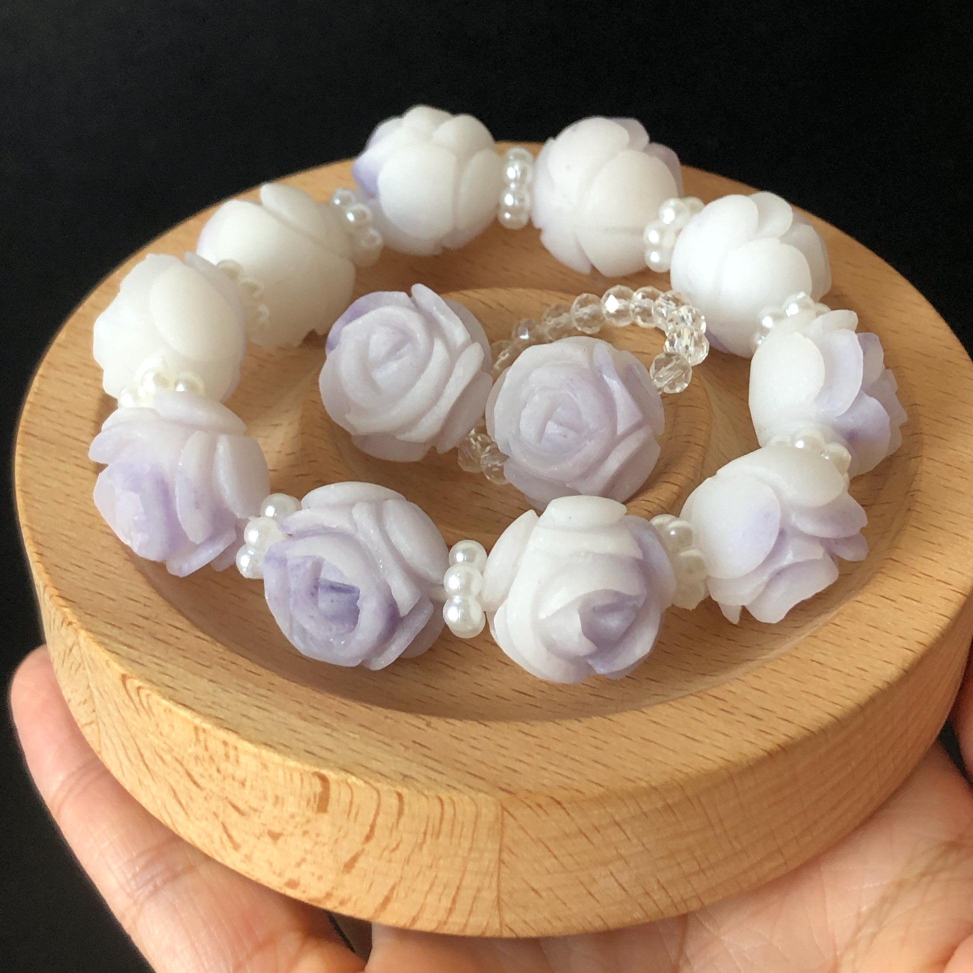 Unpolished Natural SheTaiCui Jade (Quartzite) Hand Carved Purple White Rose Charms Bracelet & Ring | Big Bead Jade Bracelet | Engraved Stone diy bracelet white jade purple jade carving flower carving untreated jade large crystal bracelet big gemstone bracelet tailor made bracelet gift for her jade ring hand carved ring