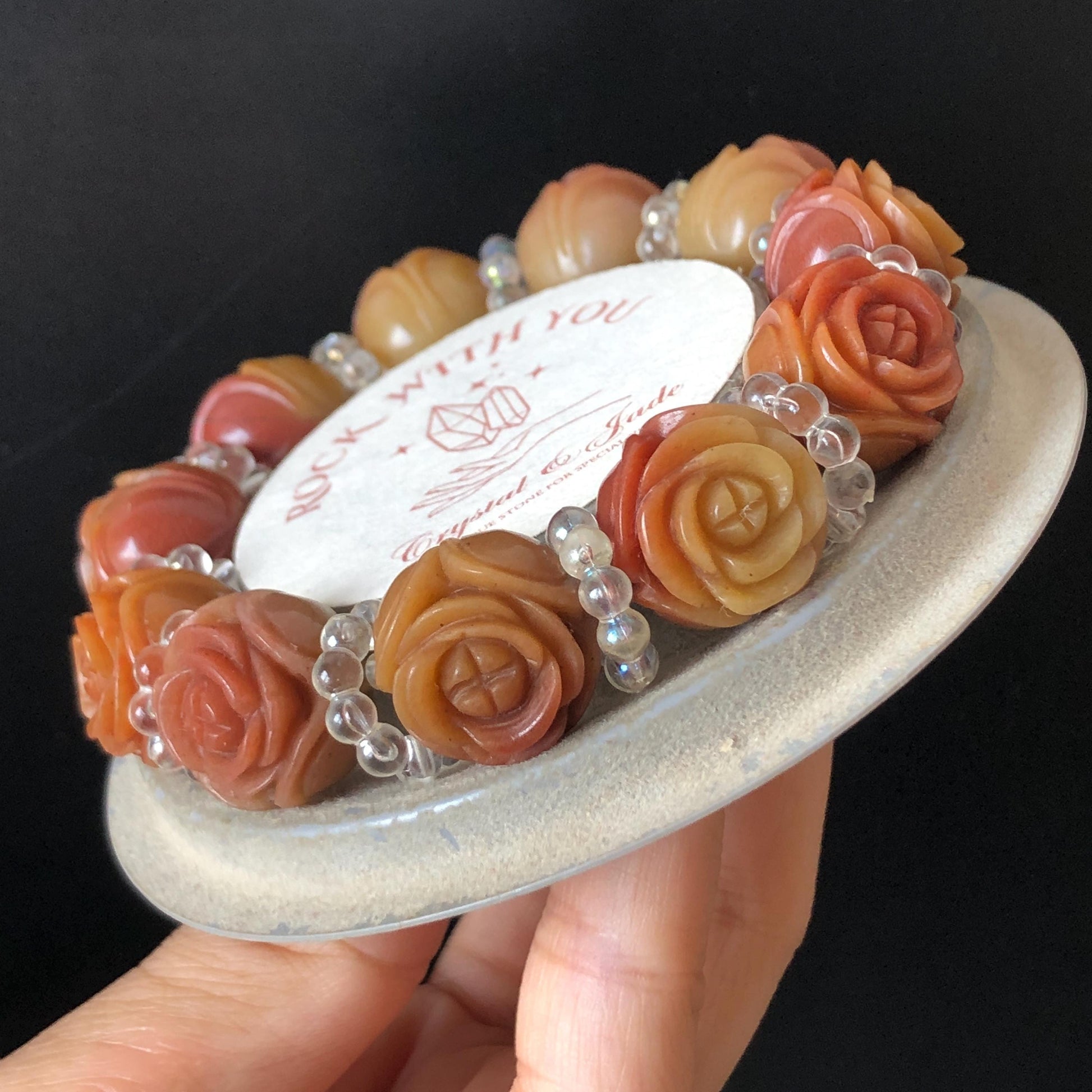 Natural SheTaiCui Jade (Quartzite) Hand Carved Tri-colour Rose Bracelet | Big Bead Red Orange Yellow Jade Charms | Personalized Gift for her red jade orange jade yellow jade carvinghand engraved flower jade hand engraved rose charms jade charms big bead jade bracelet tailor made bracelet customized bracelet natural jade gemstone bracelet big engraved crystal bead bracelet carved stone bracelet mother day gift