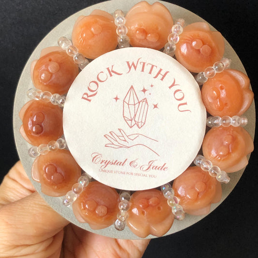 Natural SheTaiCui Jade Quartzite Hand Carved Caramel Brown White Cat Kitten Bead Bracelet | Crystal Gemstone Stone Charms | Roasted Candy