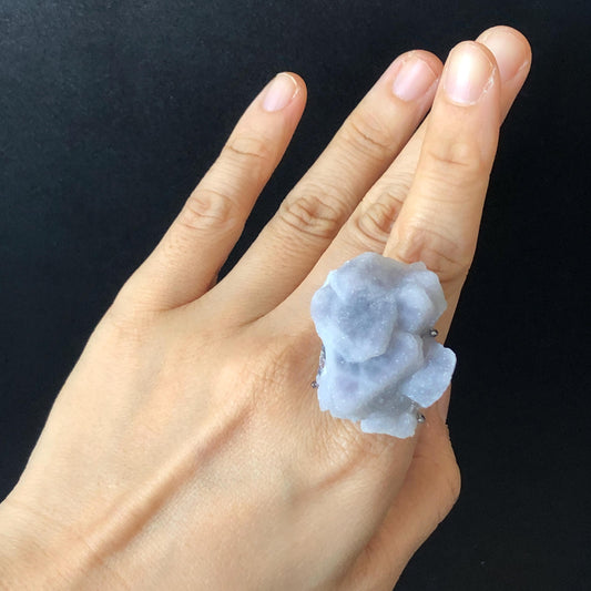 Raw Purple Fluorite Crystal Ring with Sparkling Sugar-like Crystal Coating | White Sugar Cube | Adjustable Statement Band Ring Gift for her purple crystal ring purple stone ring white stone ring gemstone statement ring irregular stone ring chunky crystal ring big stone ring huge cocktail ring large gemstone cocktail ring raw minerals ring mineral specimen February march birthstone birthday ring