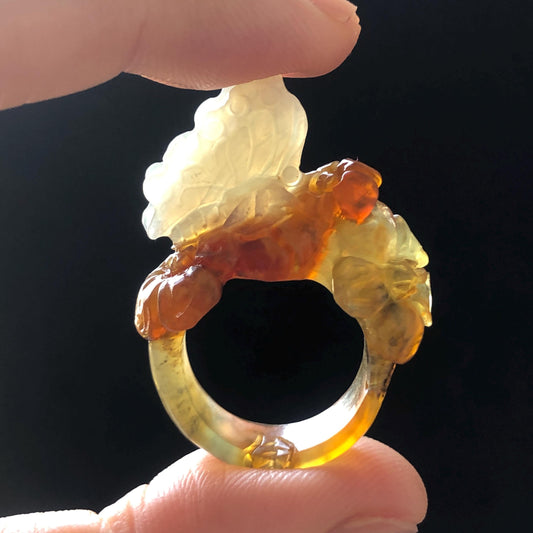 Natural Xiu Jade Serpentine Hand Carved Flower and Butterfly Ring | 17.2mm (US 7) | White, Caramel & Greenish Yellow | Crystal Gemstone Gift