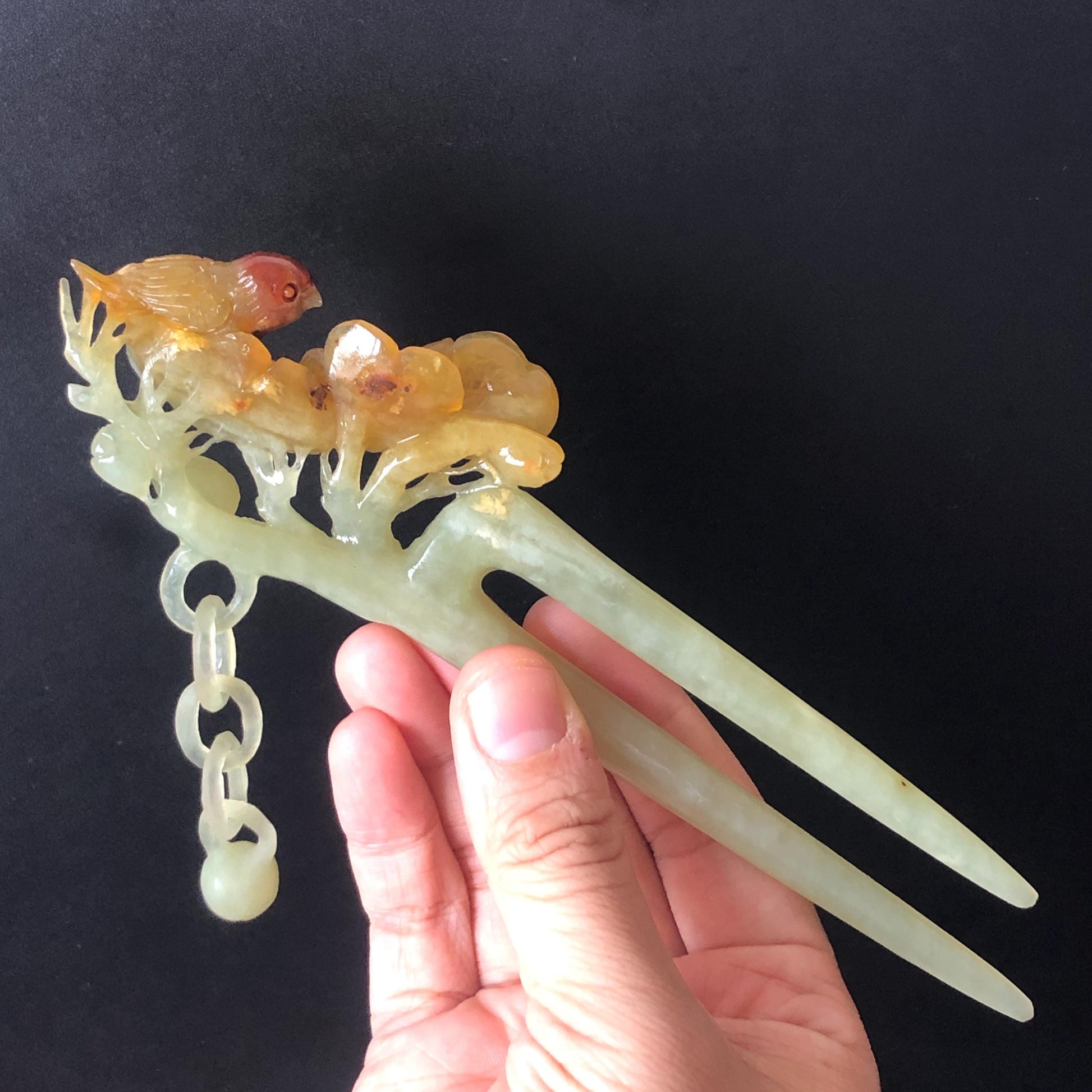 Certified Xiu Jade Serpentine Hand Carved Bird and Flowers Dangle Hair Pin | Green, Yellow, Red Jade Hair Stick | Asian Chinese Vintage Gift for her, red jade hairpin, green jade hair stick, yellow jade hair fork, chinese hairpin, korean hair stick, japanese hair pin, vinatge hair comb, bridal hair clip, bird lover gift, hand carved flower, hand engraved bird, dangle hair pin, flower carving, bird carving, red jade untreated jade natural jade with certificate