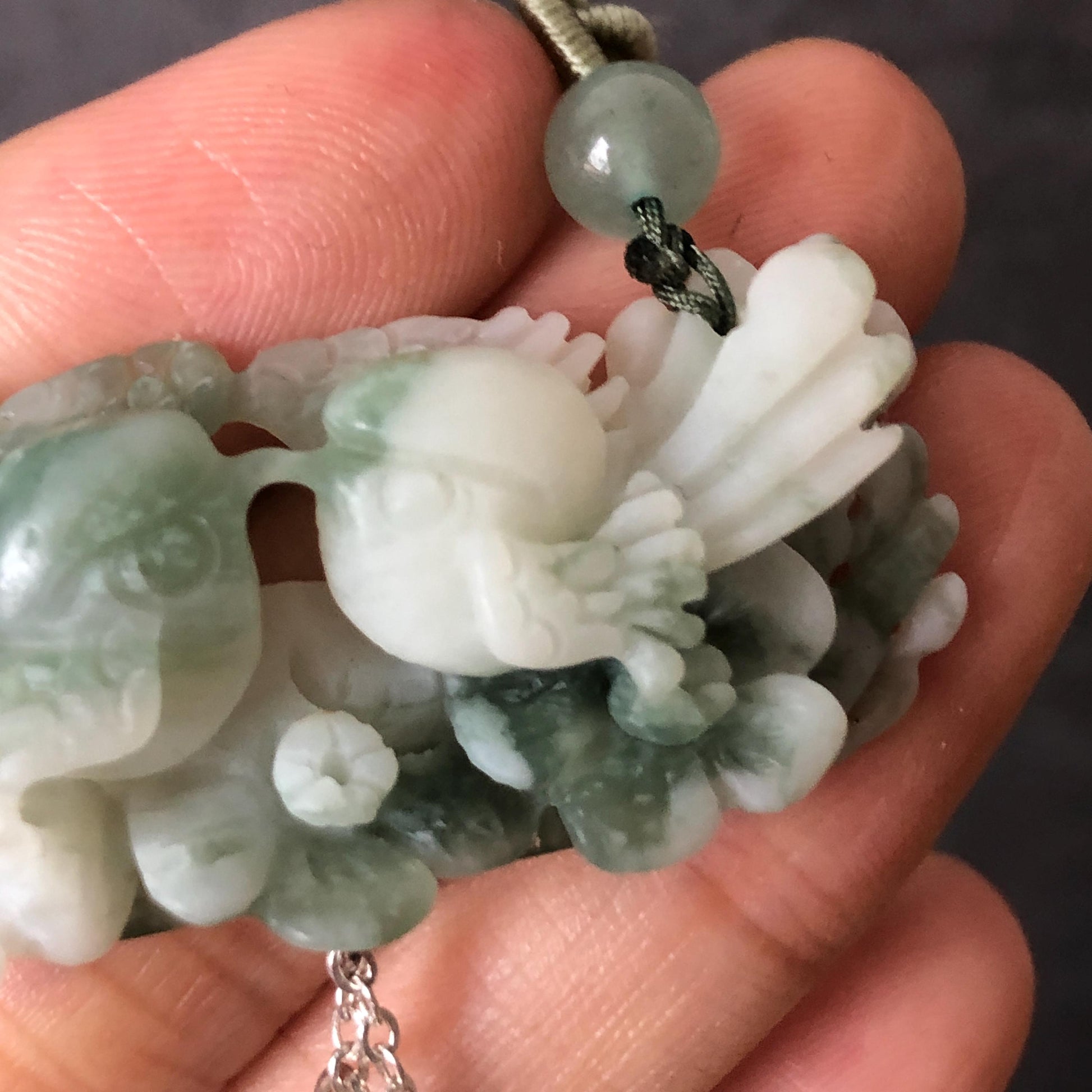 Certified Natural Xiu Jade Serpentine Hand Carved Magpie Birds and Flower Pendant Adjustable Necklace | White & Green Stone Crystal Gemstone charm necklace gift for her green jade carving white jade pendant bird carving flower carving carved flower charm hand engraved birds pendant certificate real jade wedding gift engagement gift for her dangle necklace