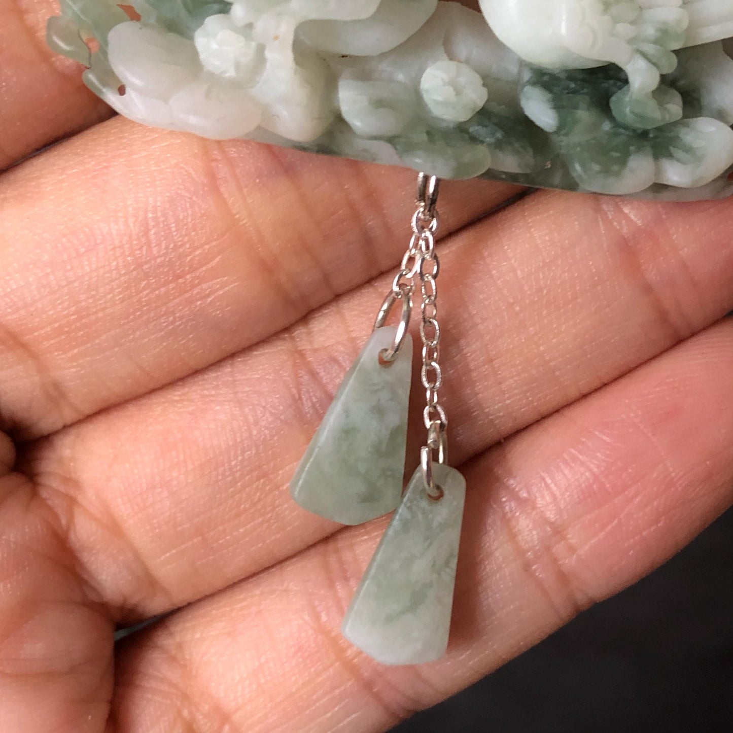 Certified Natural Xiu Jade Serpentine Hand Carved Magpie Birds and Flower Pendant Adjustable Necklace | White & Green Stone Crystal Gemstone charm necklace gift for her green jade carving white jade pendant bird carving flower carving carved flower charm hand engraved birds pendant certificate real jade wedding gift engagement gift for her dangle necklace