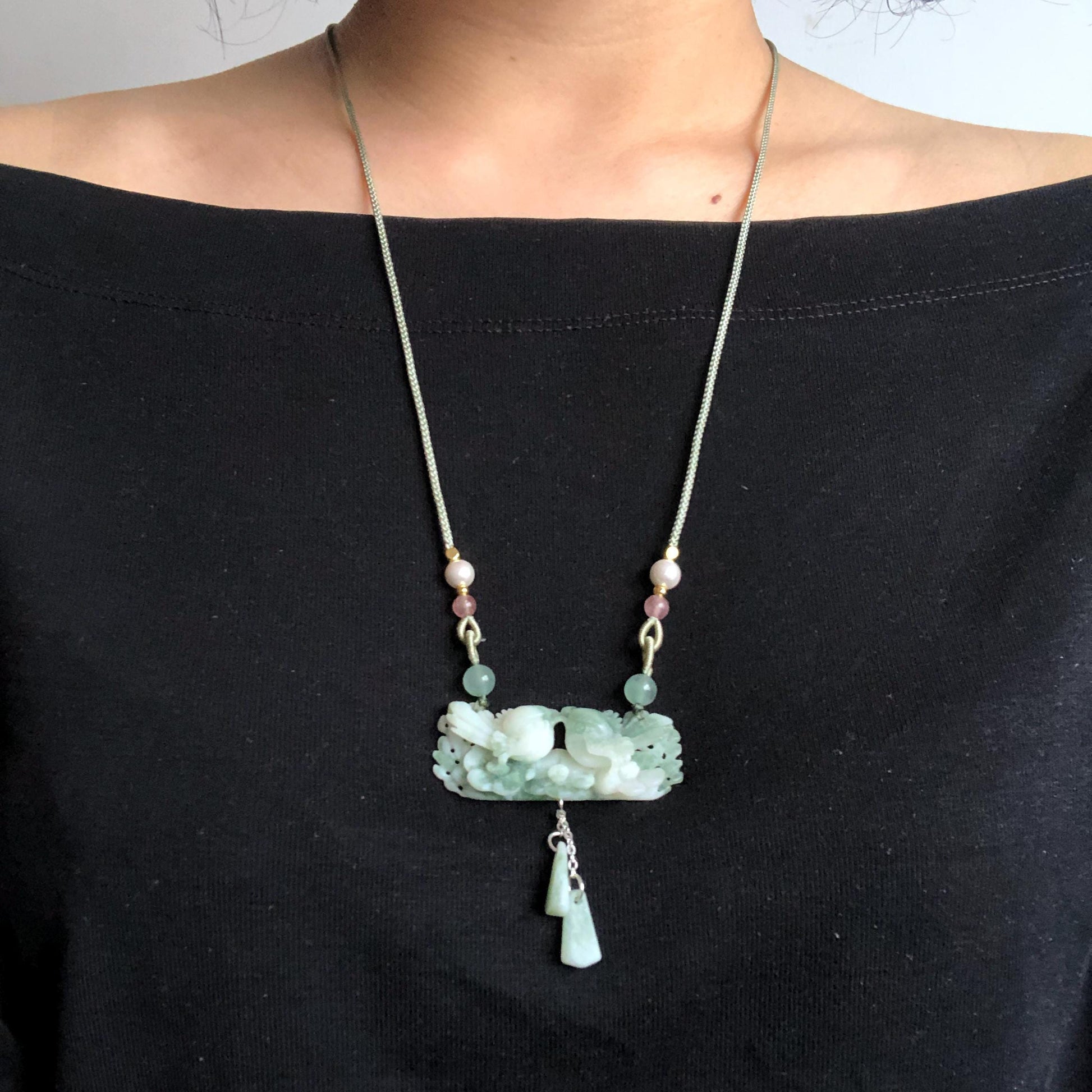 Certified Natural Xiu Jade Serpentine Hand Carved Magpie Birds and Flower Pendant Adjustable Necklace | White & Green Stone Crystal Gemstone charm necklace gift for her green jade carving white jade pendant bird carving flower carving carved flower charm hand engraved birds pendant certificate real jade wedding gift engagement gift for her dangle necklace