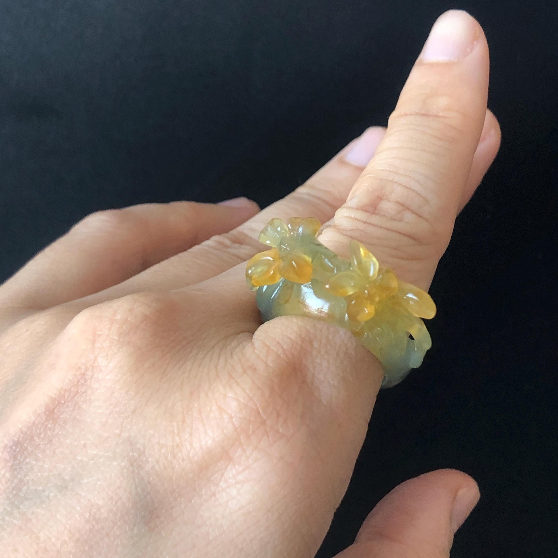Natural Xiu Jade Serpentine Hand Carved Osmanthus fragrans Flower Ring | 17.3mm (US 7-7.5) | Green & Yellow | Crystal Stone Gemstone Ring Gift for her yellow jade green jade carving flower carving chinese jade stackable ring hand carved jade ring hand engraved flower jade ring icy jade ring for women