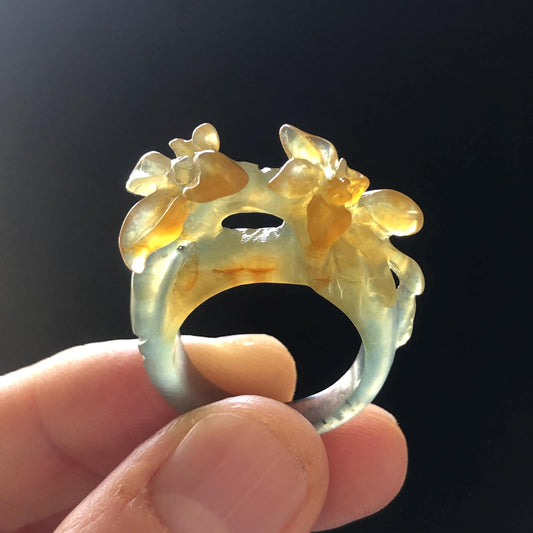Natural Xiu Jade Serpentine Hand Carved Osmanthus fragrans Flower Ring | 17.3mm (US 7-7.5) | Green & Yellow | Crystal Stone Gemstone Ring Gift for her yellow jade green jade carving flower carving chinese jade stackable ring hand carved jade ring hand engraved flower jade ring icy jade ring for women
