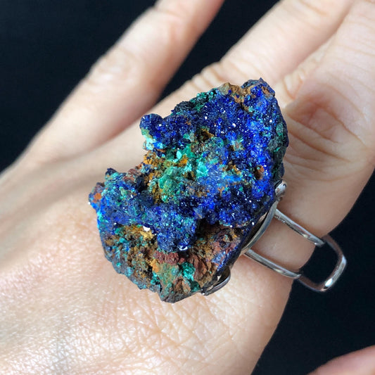 Raw Azurite Malachite Ring | Raw Minerals Stone Ring | Sparkling Blue | Adjustable Statement Band Ring | Third Eye Chakra | Silver-plated copper ring, irregular chunky big crystal ring large stone ring huge statement ring large cocktail ring raw stone ring blue crystal ring green crystal ring gift for her