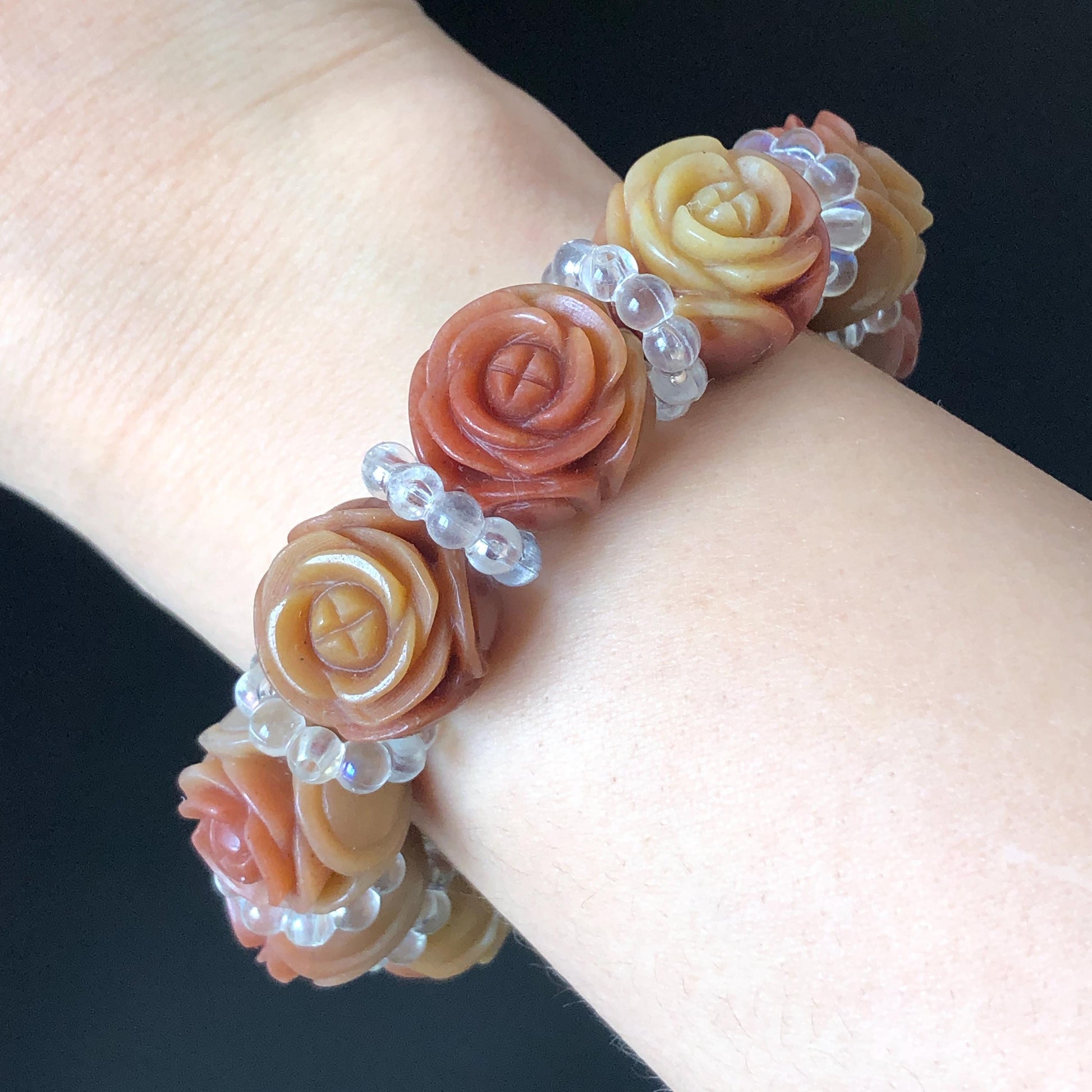 Natural SheTaiCui Jade (Quartzite) Hand Carved Tri-colour Rose Bracelet | Big Bead Red Orange Yellow Jade Charms | Personalized Gift for her red jade orange jade yellow jade carvinghand engraved flower jade hand engraved rose charms jade charms big bead jade bracelet tailor made bracelet customized bracelet natural jade gemstone bracelet big engraved crystal bead bracelet carved stone bracelet mother day gift