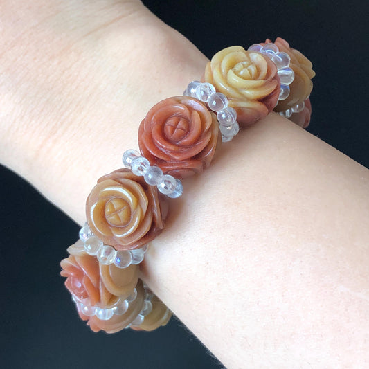 Natural SheTaiCui Jade (Quartzite) Hand Carved Tri-colour Rose Bracelet | Big Bead Red Orange Yellow Jade Charms | Personalized Gift for her red jade orange jade yellow jade carvinghand engraved flower jade hand engraved rose charms jade charms big bead jade bracelet tailor made bracelet customized bracelet natural jade gemstone bracelet big engraved crystal bead bracelet carved stone bracelet mother day gift